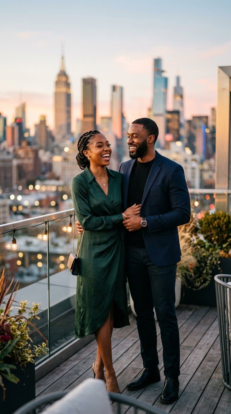 Couple smiling together on a rooftop at golden hour