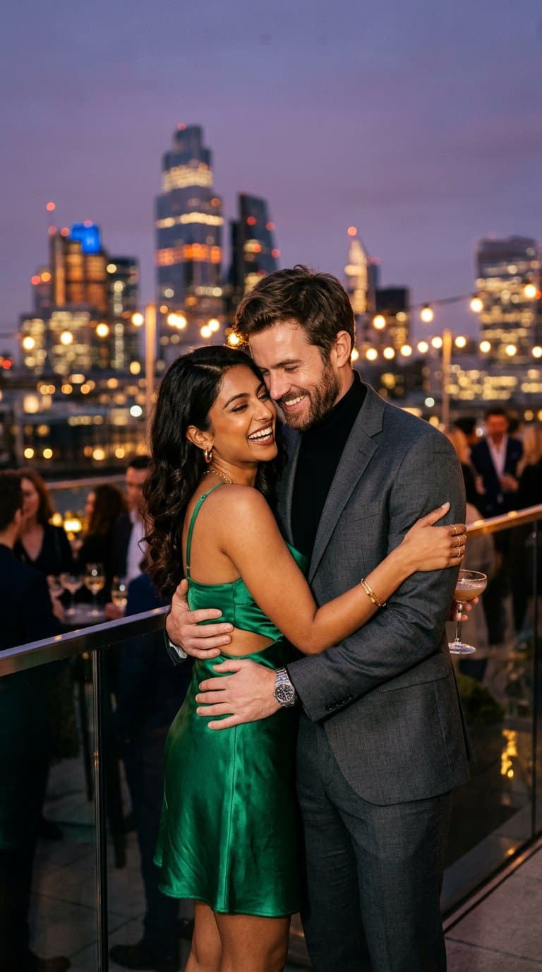 Couple embracing at dusk with a city skyline behind them
